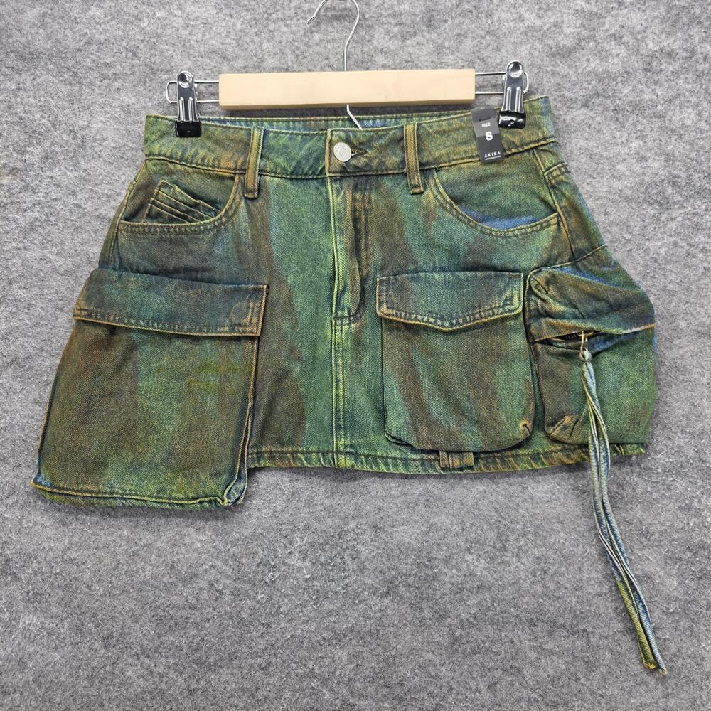 AKIRA Skirt Womens Small Green Multi Cargo Denim Mini Pockets Ruched JLM-J3062-B
